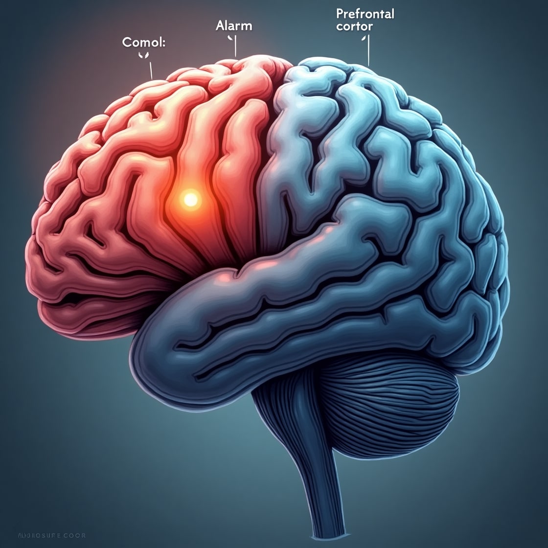 Ilustração do cérebro humano com áreas como amígdala e córtex pré-frontal destacadas, mostrando a diferença entre os circuitos de uma resposta de ansiedade normal e uma resposta de ansiedade patológica, como na depressão ou síndrome do pânico.