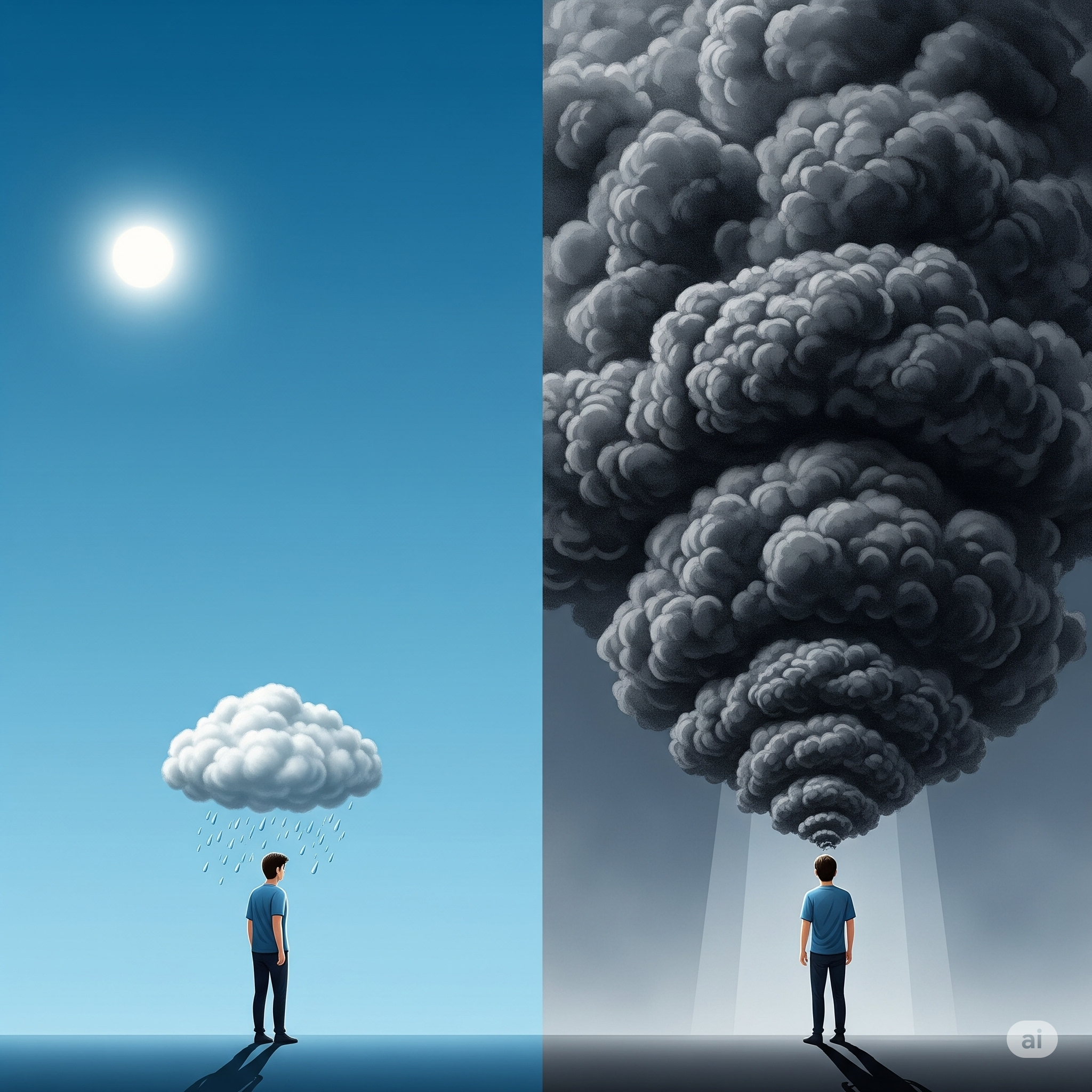 Imagem simbólica representando a diferença entre tristeza, uma nuvem de chuva passageira, e a depressão, uma tempestade densa e persistente que obscurece o sol, ilustrando a necessidade de tratamento para a depressão.