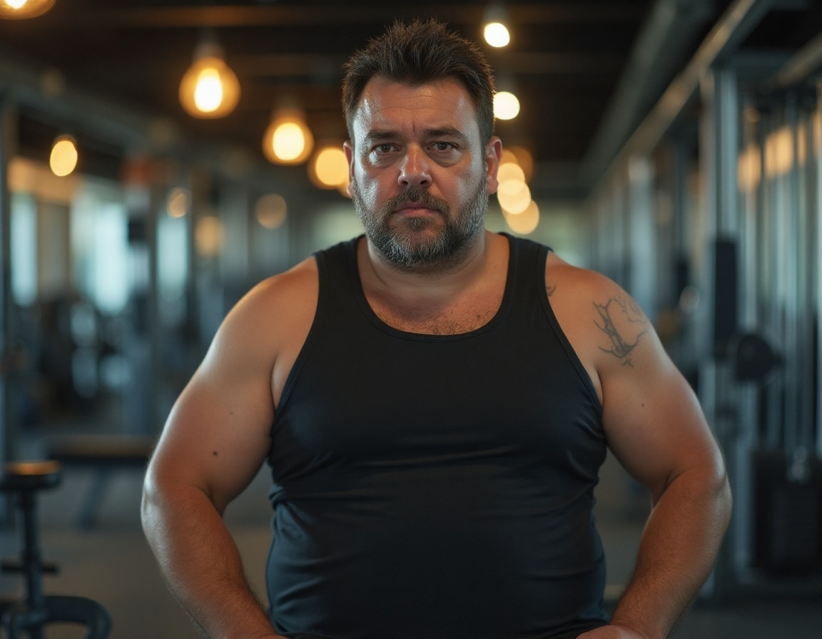 uma homem comum e um pouco acima do peso com roupa de academia sentado em um aparelho de academia em uma academia quase vazia de pessoas com a expressão facial de ansiedade.