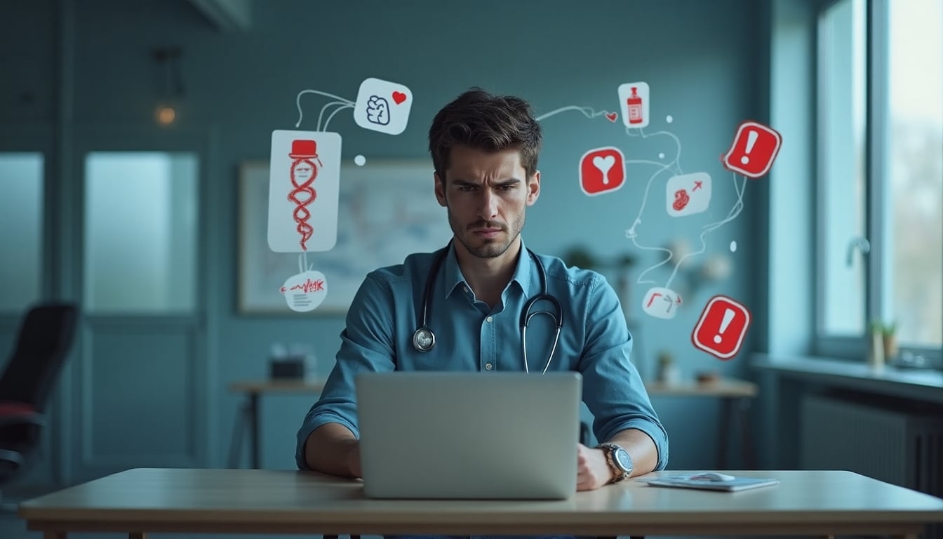Pessoa olhando para um laptop com expressões de ansiedade, cercada por icones médicos e de alerta, ilustrando a cyberchondria.