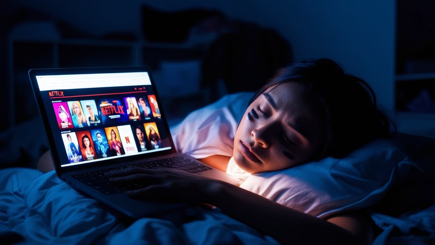 Crie uma imagem que represente visualmente a ideia central de uma pessoa com dificuldades para dormir, pois está assistindo a séries de tv na netflix