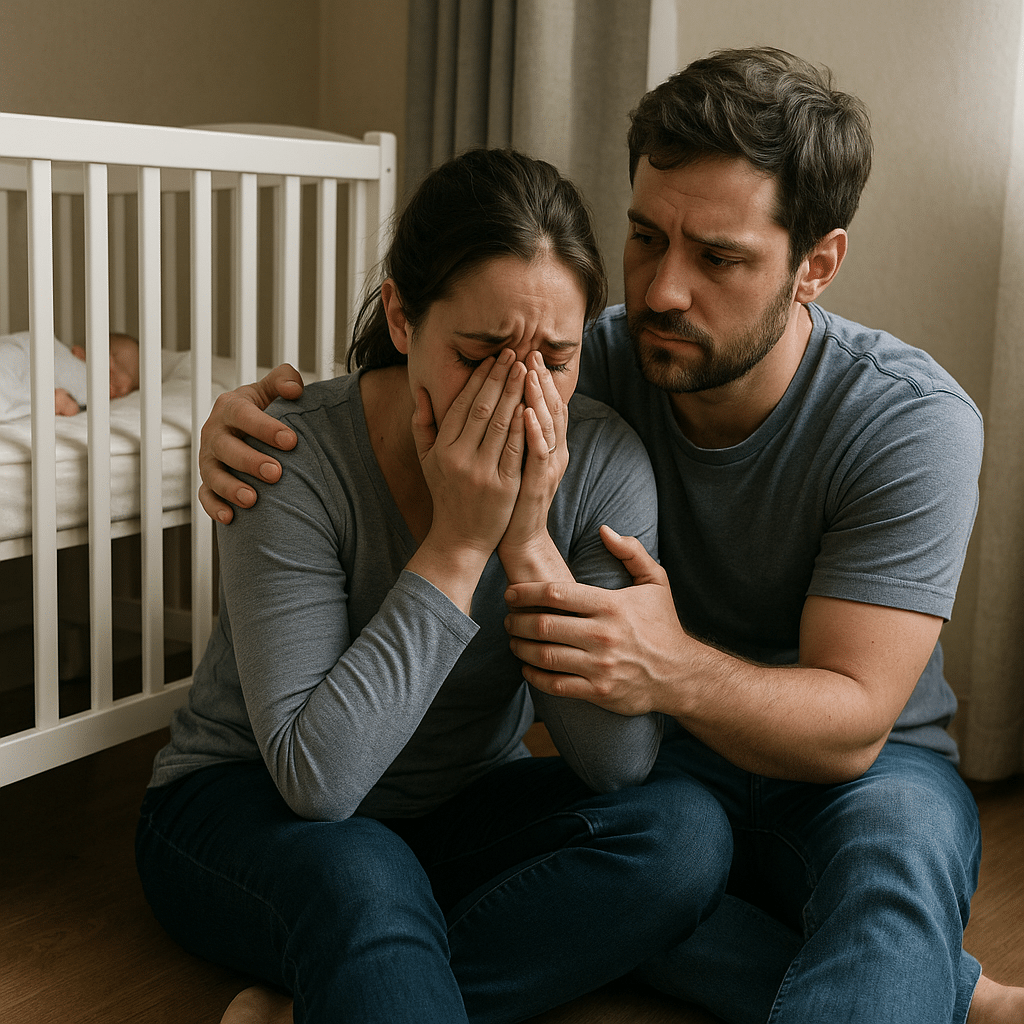 a imagem de uma mão sentada no chão ao lado do berço do bebe e chorando. O marido deve estar ao lado tambem sentado dando apoio emocional e um abraço reconfortante.