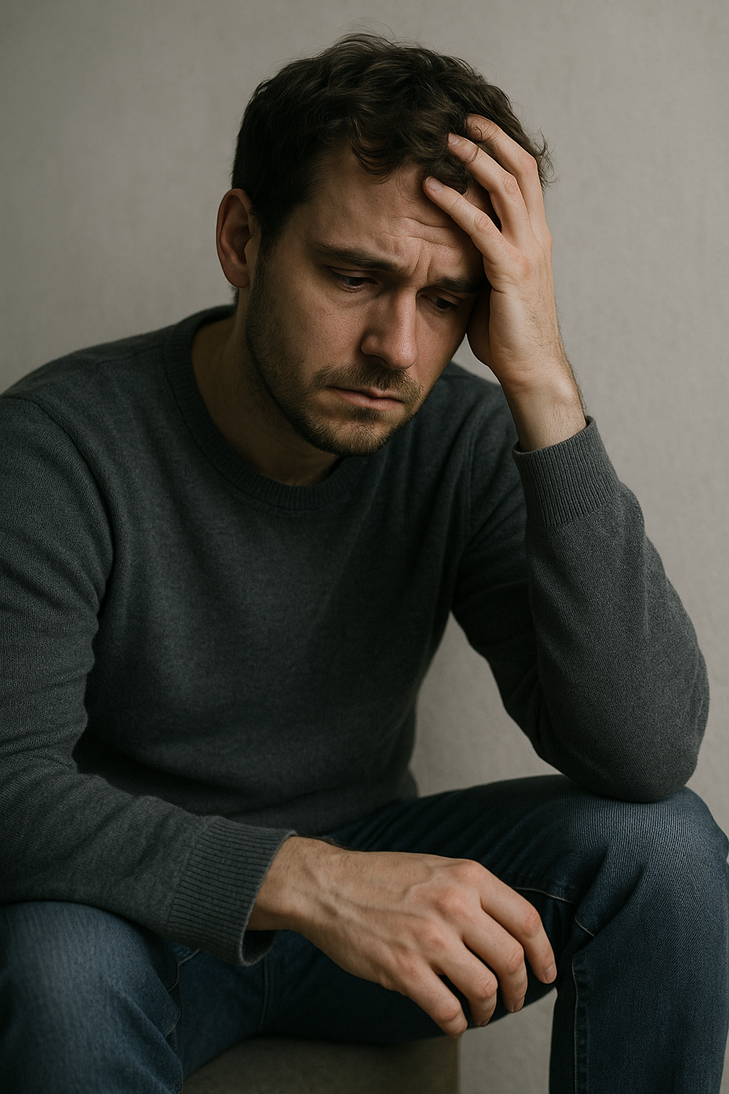 Uma pessoa (gênero neutro, jovem adulto ou adulto, para ampliar a identificação) sentada ou de pé, ligeiramente curvada, com uma postura que sugere um peso sutil, mas constante nos ombros. Não é um desespero evidente, mas uma quietude melancólica. O rosto está em perfil ou com a cabeça ligeiramente baixa, não mostrando uma dor aguda, mas uma expressão de cansaço, introspecção ou uma leve falta de vitalidade. Não há lágrimas visíveis.