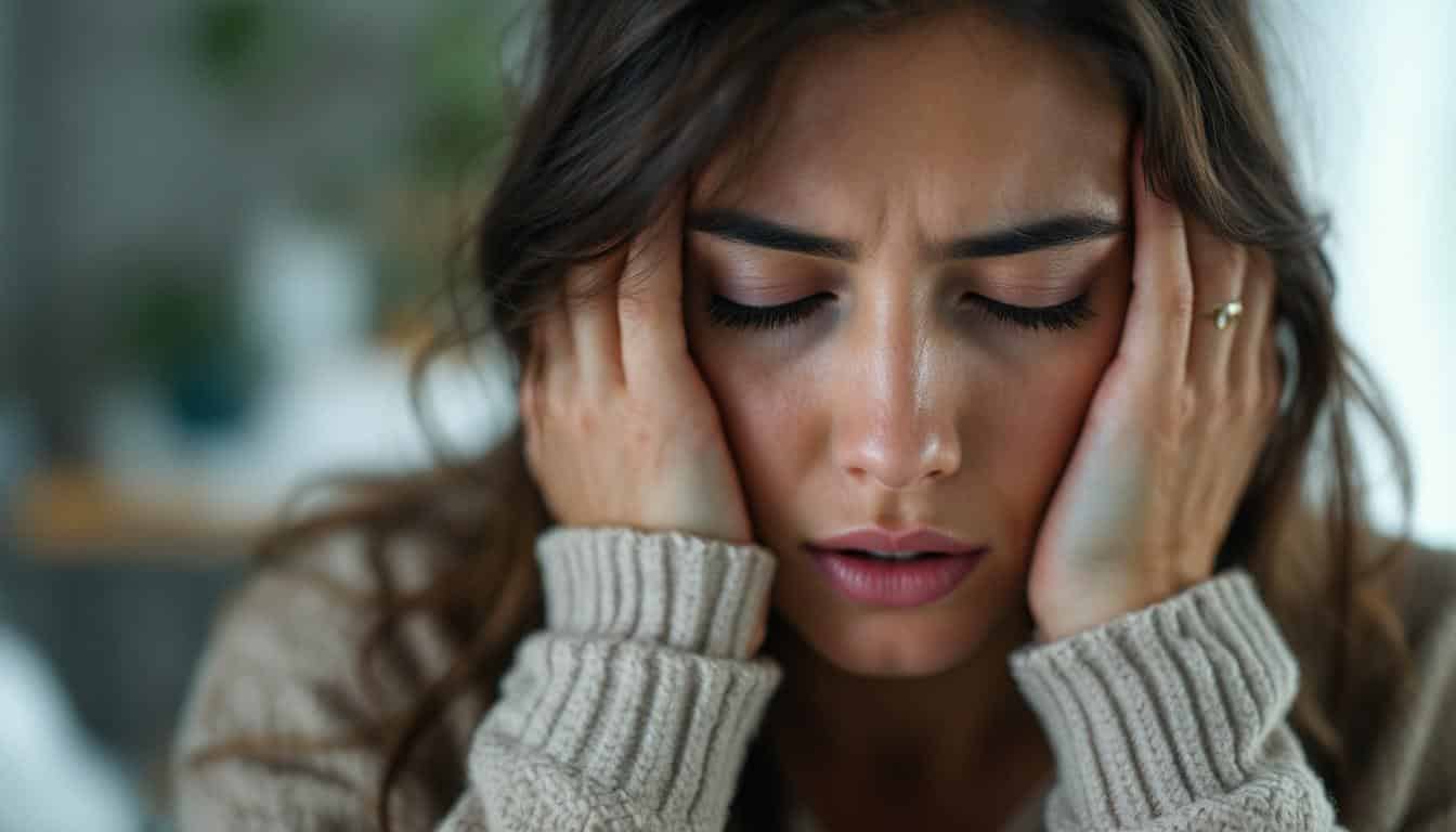 pessoa sofrendo uma crise de ansiedade e com alguns destes sintomas: Batimentos cardíacos acelerados Suor nas mãos Sensação de falta de ar