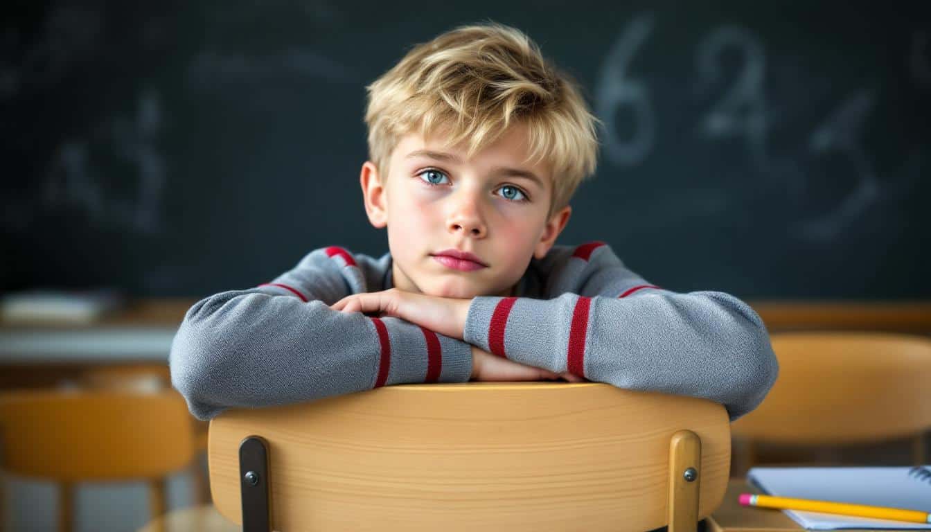 Menino loiro com TDAH apoiado no encosto da cadeira em sala de aula.