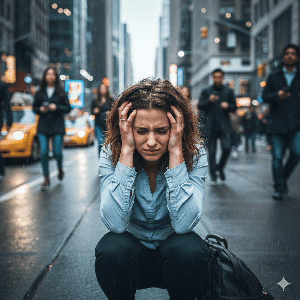 A imagem retrata uma mulher visivelmente angustiada, agachada no meio de uma rua movimentada de uma cidade, com as mãos na cabeça e uma expressão de desespero. O ambiente urbano ao redor é composto por edifícios altos e cinzentos, veículos como táxis amarelos e pedestres que parecem alheios à sua situação, simbolizando a sensação de isolamento e sobrecarga que muitas vezes acompanha uma crise de ansiedade. O chão molhado e a atmosfera levemente sombria contribuem para o clima de angústia e vulnerabilidade. A mulher, com cabelos castanhos claros e vestindo uma camisa social azul clara e calças escuras, tem uma pasta ou bolsa preta ao seu lado, sugerindo que ela estava em meio a uma rotina diária quando a crise a atingiu. Seu rosto está tenso, com olhos semicerrados e testa franzida, transmitindo a intensidade de seu sofrimento emocional. A composição foca na mulher, que está em primeiro plano, enquanto o fundo permanece ligeiramente desfocado para enfatizar sua dor em contraste com a indiferença do ambiente. A imagem evoca uma forte sensação de empatia e urgência, destacando a importância de se reconhecer e buscar ajuda para problemas de saúde mental em um contexto urbano, como o de Mogi das Cruzes.