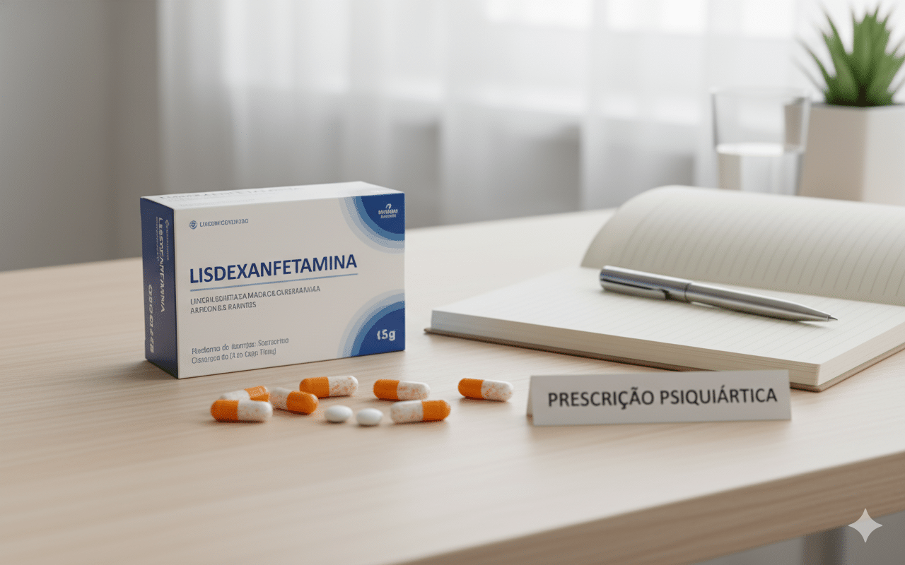 Caixa do medicamento Lisdexanfetamina ao lado de um bloco de notas e caneta, simbolizando o tratamento de TDAH e a importância da prescrição médica por um psiquiatra.
