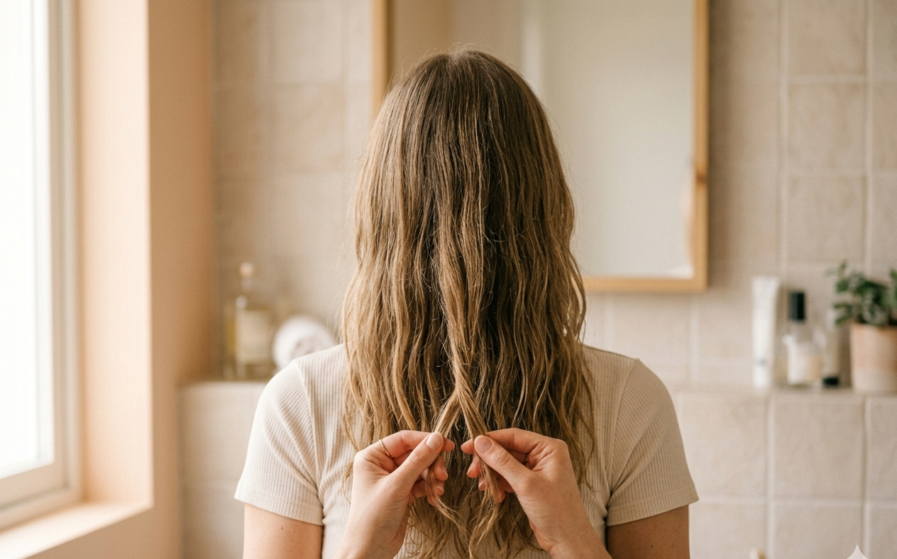 Mulher observando os próprios cabelos, ilustrando a tricotilomania, transtorno de arrancar o cabelo