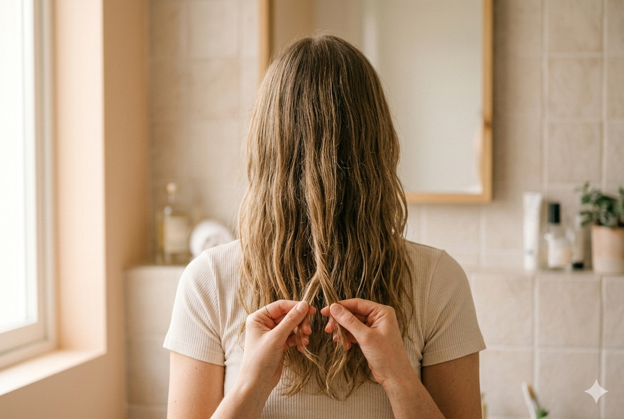 Mulher observando os próprios cabelos — tricotilomania, transtorno de arrancar o cabelo