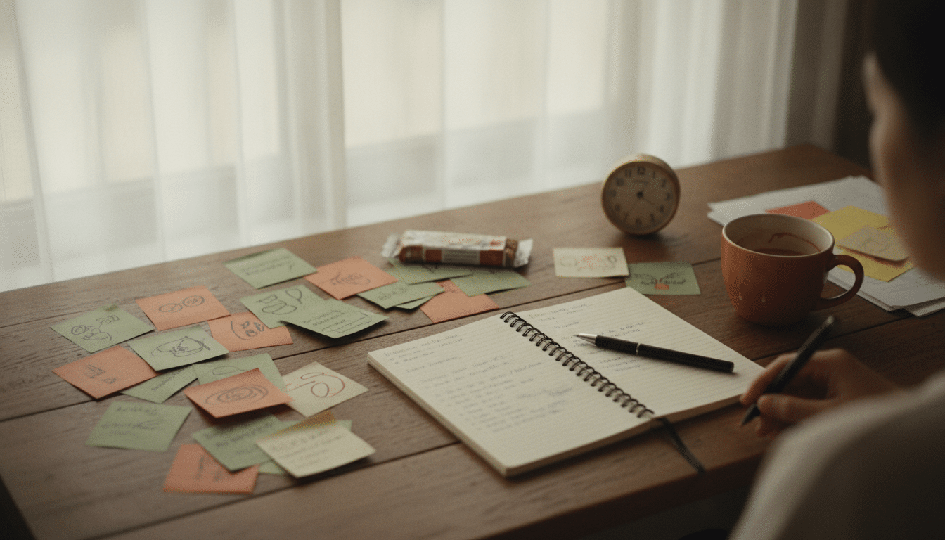 Psiquiatria em Mogi das Cruzes 20 Mesa de trabalho com notas adesivas, caderno, relógio e café, representando a mente dispersa entre TDAH e ansiedade — atendimento em Mogi das Cruzes