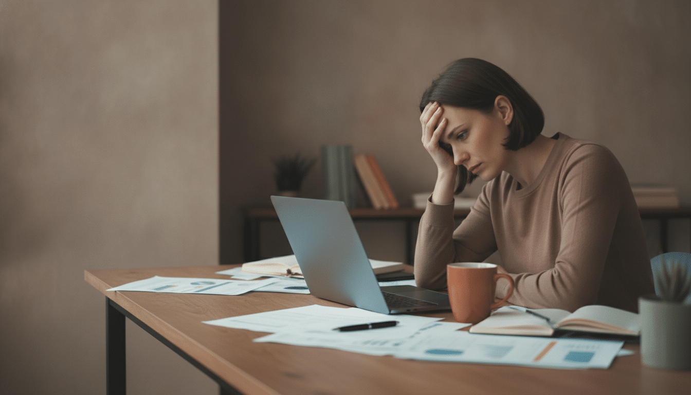 Psiquiatria em Mogi das Cruzes 13 Pessoa esgotada apoiando a cabeça na mão diante do laptop e papéis — burnout ou depressão, avaliação em Mogi das Cruzes