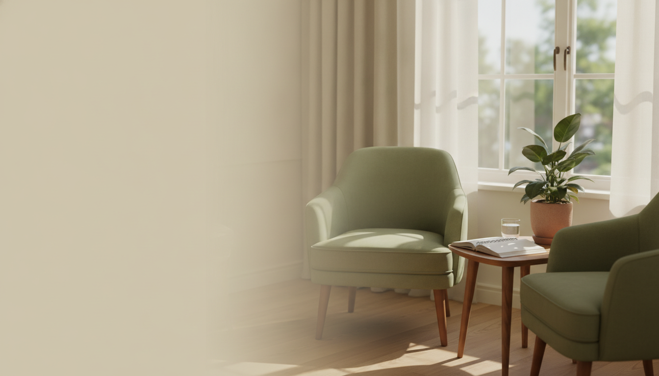 Duas poltronas e uma mesa junto a uma janela iluminada em consultório acolhedor — como é a primeira consulta com psiquiatra em Mogi das Cruzes