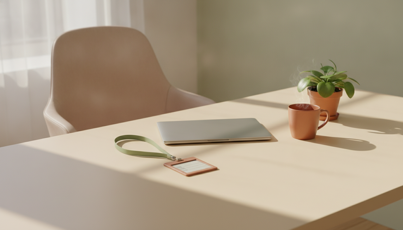 Psiquiatria em Mogi das Cruzes 12 Afastamento do trabalho por saúde mental: mesa de escritório vazia com crachá, laptop fechado e cadeira afastada, em Mogi das Cruzes